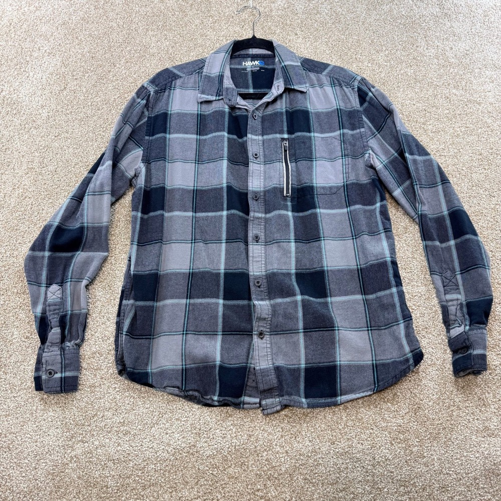 Tony Hawk Mens Large Plaid Flannel Shirt Grey Black Teal Zipper Pocket Cotton